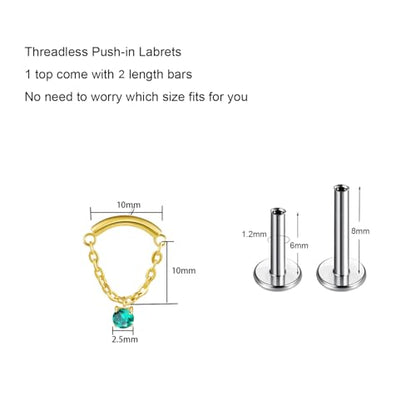 BelezaDosas G23 Titanium Labret Studs Threadless Push-in Labret Press Fit 16G Cluster Helix Lobe Conch Tragus Push Back Piercing Jewelry - style: chain gold green