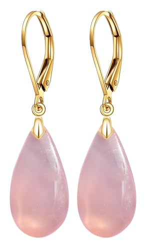 Natural Waterdrop Stone Drop Earrings,Yellow Gold Plated Real Genuine Teardrop Crystal Quartz Gemstone Dangle Earrings for Women Her - color: C01_Rose-Purple Jade