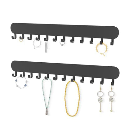 Necklace Holder - Wall Hanging Jewelry Organizer | Self-Adhesive Wall Mounted for Necklaces, Bracelets, 2 Pack, Black - color: Black-12 Hooks