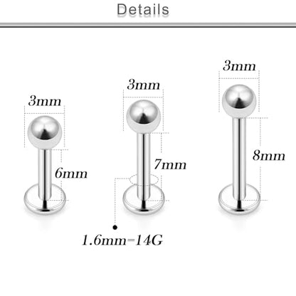 18G 16G 14G Lip Labret Medusa Nose Rings Studs Flat Back Earrings Internally Threaded 316L Surgical Steel Snake Bites Lip Rings Cartilage Tragus Helix Conch Earring Stud 6mm 7mm 8mm - color: Silver-14G（1.6mm)-6mm 8mm 10mm Bars-4mm CZ