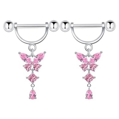 14G Butterfly Dangle Nipple Rings Stainless Steel Clear CZ Nipplerings D-shaped Nipple Barbell Pink White Butterfly Nipple Piercing Jewelry - color: Pink