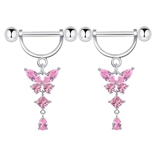 14G Butterfly Dangle Nipple Rings Stainless Steel Clear CZ Nipplerings D-shaped Nipple Barbell Pink White Butterfly Nipple Piercing Jewelry - color: Pink