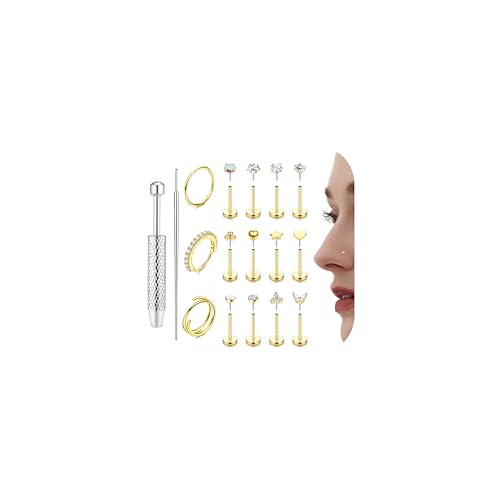 THUNARAZ 14K Gold Nose Rings Studs for Women Men Surgical Steel Threadless Push in Nose Piercings Flat Back Hypoallergenic Gold Nose Ring Hoop Stud Cartilage Tragus Conch Lip Helix Piercing Jewelry Gold/Silver 18G 20G - color: 14K Gold Plated, size: 20G 8