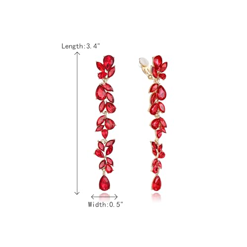 Crysdue Clip On Earrings for Women Rhinestone Crystal Teardrop Cluster Wedding Bridal Non Pierced Long Dangle Earring for Prom Party - color: Red Gold-Tone
