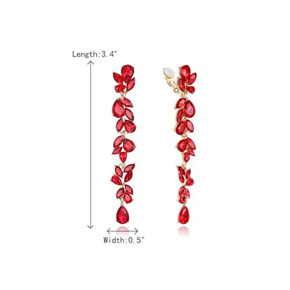 Crysdue Clip On Earrings for Women Rhinestone Crystal Teardrop Cluster Wedding Bridal Non Pierced Long Dangle Earring for Prom Party - color: Red Gold-Tone