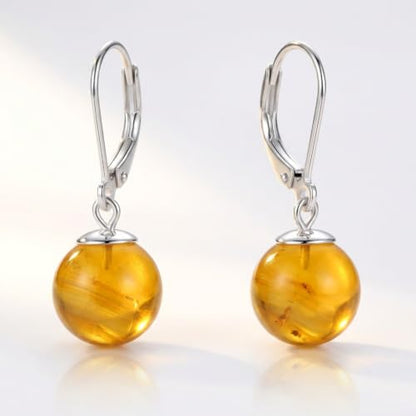 Pearl Leverback Earrings for Women Dangle Round Gemstone Earrings Birthstone Jewelry Gift Anniversary for Her - color: 16 Yellow agate
