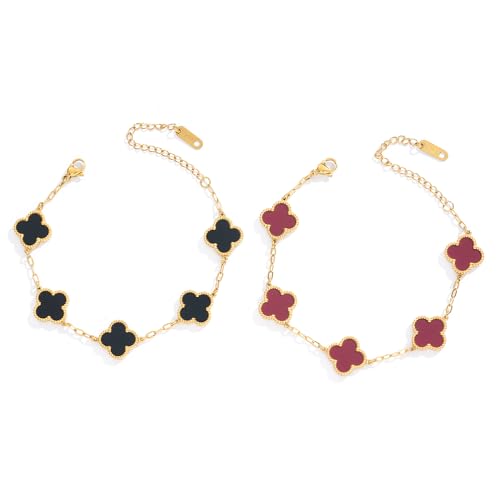 Waterproof Four-Leaf Clover Bracelet,Adjustable Link Double Sided Jewelry, Lovely Fashion Jewelry Gift for Women - color: Black Bracelet + Red Bracelet