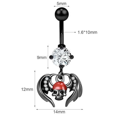 14G Surgical Stainless Steel Dangle Belly Button Rings for Women Belly Ring Dangling Piercing Jewelry CZ Snake lizard Skull Spider bat Halloween Party Punk Rock - style: Winged Skull
