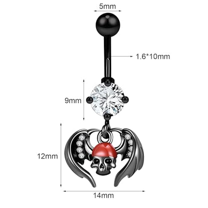 14G Surgical Stainless Steel Dangle Belly Button Rings for Women Belly Ring Dangling Piercing Jewelry CZ Snake lizard Skull Spider bat Halloween Party Punk Rock - style: Winged Skull