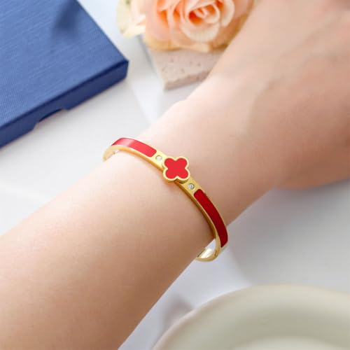 Clover Bracelets for Women Gold and Silver Chunky Oval Clover Bangle | 18k Gold Plated Stainless Steel,Precision Polished Non Tarnish,Black/White/Red/Pink/Orange Clover Bracelet Gifts for Women - color: Red