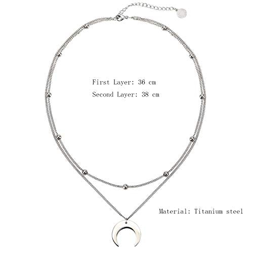 BaubleStar Crescent Pendant Necklace Layering Titanium Chain Choker for Women - color: Silver