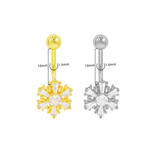 Dainty Flower Dangle Belly Button Ring CZ Crystal Snowflake Navel Barbell Rings Dangling Christmas Body Piercing Jewelry for Women - color: Silver