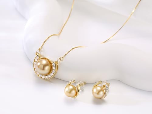 YAMI Pearl Jewelry Set for Women, Natural Cultured Pearl Necklace&Earrings | 11-12mm Pearl, 925 Sterling Silver with 5A Cubic Zirconia, Wedding Jewelry Sets, Valentine's Day/Mother's Day/Christmas Gift - color: Gold