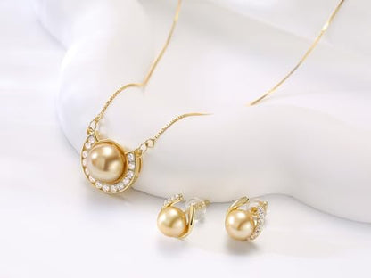 YAMI Pearl Jewelry Set for Women, Natural Cultured Pearl Necklace&Earrings | 11-12mm Pearl, 925 Sterling Silver with 5A Cubic Zirconia, Wedding Jewelry Sets, Valentine's Day/Mother's Day/Christmas Gift - color: Gold
