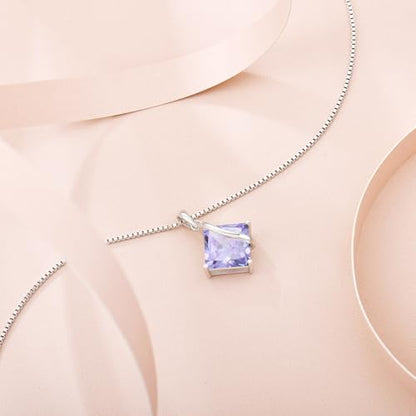Square Princess Cut Necklace 925 Sterling Silver Solitaire Pendant Necklace Birthstone Jewelry Gifts for Women - color: 06 June - Alexandrite