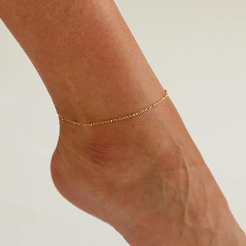 NONAMOIS Ankle Bracelets for Women Dainty 18K Gold Plated Anklet Waterproof Round Beaded Paperclip Herringbone Pearl Chain Anklets Waterproof Beach Foot Jewelry - color: Satellite-Gold