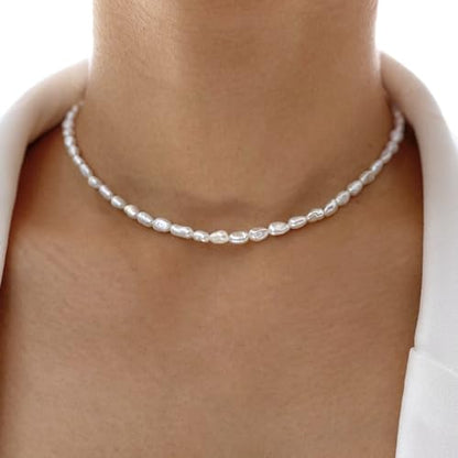 Zeffy Pearl Necklace 4MM/6MM/8MM Dainty Round Imitation Pearl Choker Necklace Wedding Pearl Necklace Delicate Jewelry for Women Simple Bridesmaid Jewelry Gifts - style: 4mm Silver Freshwater Pearl Choker(14"+2")