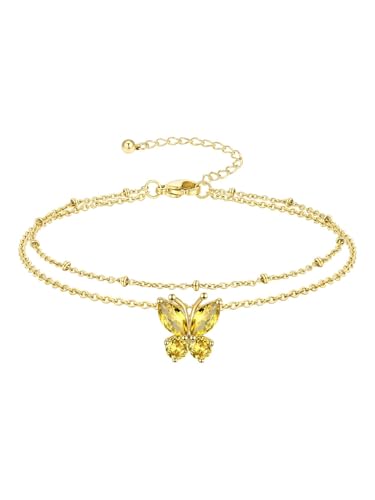 Richsteel Double Layer Heart/Butterfly Birthstone Anklet for Women | Non Tarnish Waterproof, Silver/Gold/Black Stainless Steel 8.5-10.5 Inch Adjustable Chain Anklets Summer Beach Foot Jewelry - color: Gold Butterfly-11 Nov.(Yellow Topaz)