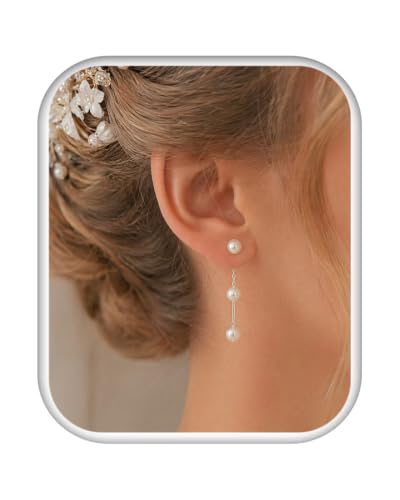 Trinckle Pearl Earrings for Women Drop Jewelry Bride Wedding Accessories | Dainty Gold Pearl Dangle Earrings, Silver Earrings for Bridesmaid, Floral Boho Bow Jewelry for Girls Prom Homecoming Gift - color: silver-short-1.9 in (3 pearl)