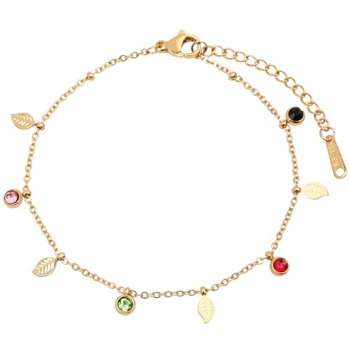 18K Gold Plated Stainless Steel Dainty Charms Colorful Crystal Birthstone Bracelet Minimalist Cute Jewelry for Women - color: 4x8mm Leaf