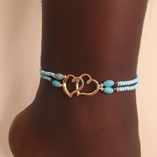 Elastic Beaded Ankle Bracelets for Women Double Heart Layered Stretch Ankle Bracelets Waterproof Dainty Boho Beaded Anklets for Summer Beach Foot Jewelry - color: Blue Gold