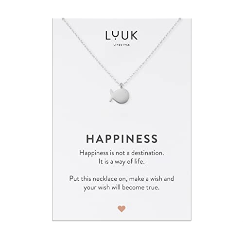 LUUK LIFESTYLE Stainless steel necklace with pendant and HAPPINESS card, 20” adjustable length, lucky charm, friendship chain, Valentine's Day gift, birthday, women's jewelry, silver, gold, rosegold - color: Silver, size: Whale