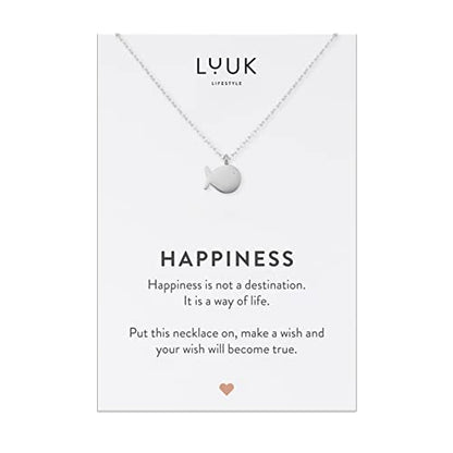 LUUK LIFESTYLE Stainless steel necklace with pendant and HAPPINESS card, 20” adjustable length, lucky charm, friendship chain, Valentine's Day gift, birthday, women's jewelry, silver, gold, rosegold - color: Silver, size: Whale