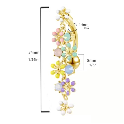 Colorful Daisy Flower Belly Button Ring 316L Surgical Stainless Steel CZ Cute Enamel Flowers Dangle Navel Belly Rings Dainty Body Piercing Jewelry Gifts for Women 14G - color: Gold