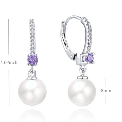 JO WISDOM 925 Sterling Silver Freshwater Pearl Hoop Earrings with Dangle Real Pearl,Simulated Pearls - color: B-8mm white pearl,amethyst color