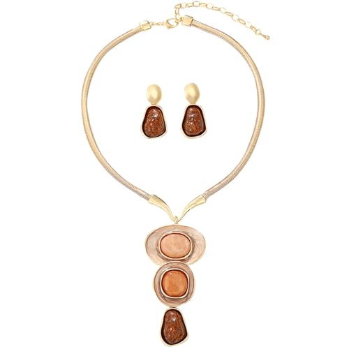 Chunky Statement Jewelry Set Blue Ocean Seashell Choker Necklaces Earrings Set for Women Pearl Bib Collar Necklaces for Party Prom Pageant Summer Fashion Jewelry Unique Birthday Gift - style: 3 stone Y Necklace Set gold brown