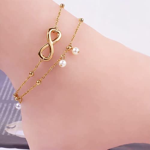 Jean Beau Infinity Beach Anklet bracelet for Women Teen Boho Waterproof Double Layered Dainty Beads Chain Charm Ankle Pearl dangling foot Jewelry Gift - color: Gold