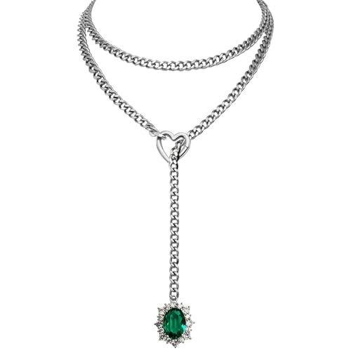 Women's Heart O-Ring Slip Chain Necklace, Double Layered Adjustable 39'' Cuban Chain with Detachable Heart Clasp and Colorful Rhinestone Pendant - color: 39'' Silver-Emerald Green