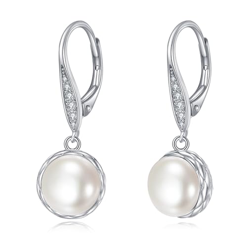 925 Sterling Silver 8mm Pearl Dangle Drop Earrings Moonstone Larimar Opal Rose Quartz Black Pearl Leverback Earrings for Women Christmas Gifts for Her - style: Pearl Earrings