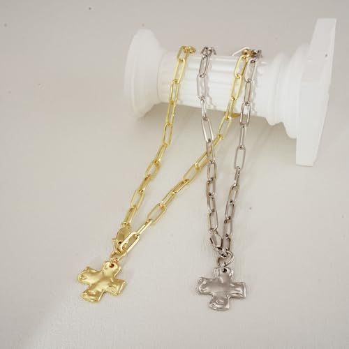 Bheop Chunky Cross Necklace for Women, 14K Gold Silver Statement Necklace | Sturdy Paperclip Chain, Hammered Pendant, Vintage Charm, Trendy Costume Jewelry, Faith Christian Religious Gift, Non Tarnish - style: GD-2PCS/0.8 inch Cross+Herringbone Necklace
