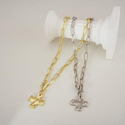 Bheop Chunky Cross Necklace for Women, 14K Gold Silver Statement Necklace | Sturdy Paperclip Chain, Hammered Pendant, Vintage Charm, Trendy Costume Jewelry, Faith Christian Religious Gift, Non Tarnish - style: GD-2PCS/0.8 inch Cross+Herringbone Necklace