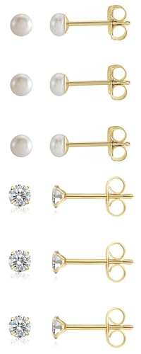 6Pairs 2mm/3mm Surgical Steel Hypoallergenic Piercing Studs, 20G 14K Real Gold Filled Tiny Stud Earrings Set for Multiple Hole Piercing (Cubic Zirconia, Pearl, Ball) - style: K01 : 3MM, Gold Pearl + Cubic Zirconia, 6 Pairs