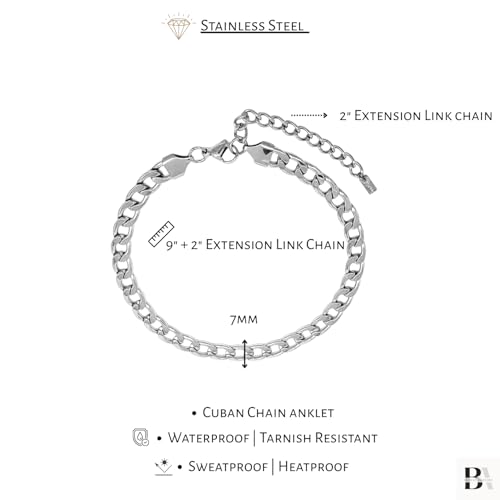 Stainless Steel Chain Ankle Bracelet for Women Adjustable Waterproof Anklet - color: Silver / 7mm Cuban