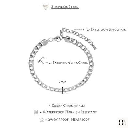Stainless Steel Chain Ankle Bracelet for Women Adjustable Waterproof Anklet - color: Silver / 7mm Cuban
