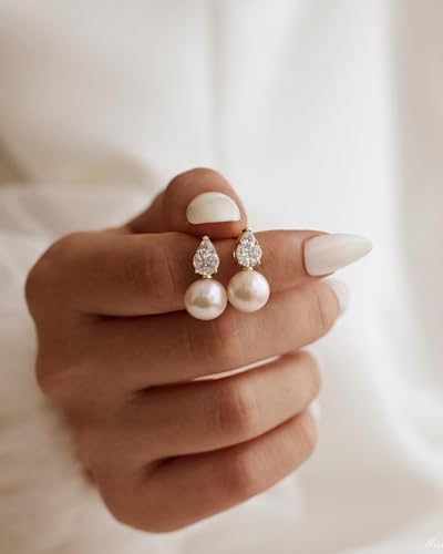 Pearl Earrings for Women Trendy Dainty Wedding Earring 14K Gold Plated/Silver Plated Dainty Cute Drop Dangle Pearl Earrings Studs Hypoallergenic CZ Diamond Wedding Earrings for Brides Prom Jewelry Gift for Women - color: 02.Gold drop