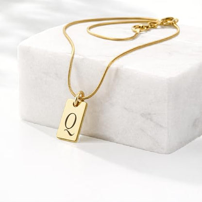 Initial Necklace in 18K Gold Plated, Personalized Engraved Letter Pendant, Gold Snake Chain, 6×10 mm Rectangle Charm for Women - color: Q