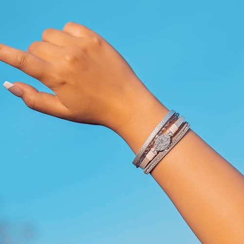 Boho Chunky Leather Wrap Bracelets Stackable Beaded Western Country Jewelry | Crystal Bead Trendy Layered Cuff Magnetic Clasp Stack Bohemian Statement Costume Outfits Cowgirl Fashion Hippie Accessories - color: Silver, size: 7.7"