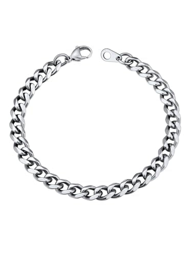U7 Link Bracelets for Men, Cuban Link/Rope/Watch Band Solid Bracelet, Silver Black Gold Color Wrist Bracelet 3/6/9/12/15mm Width, 6.5/7.5/8.3 Inch Length, Hand Chain Jewelry for Mens Women - color: Cuban-Silver, size: 6mm, 7.5 inches