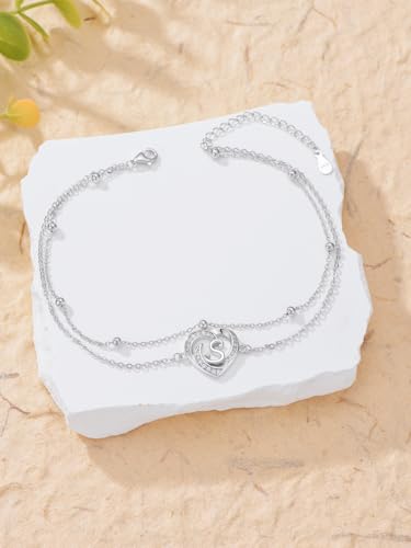 Dorunmo Initial Anklet 925 Sterling Silver Letter A-Z Layered Heart Anklet Beach Jewelry Birthday Gifts for Women - color: S