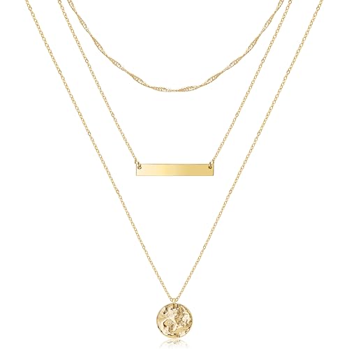Aisansty Dainty Layered Choker Necklaces Handmade Coin Tube Star Pearl Pendant Multilayer Adjustable Layering Chain Gold Plated Necklaces Set for Women - color: Gold, style: Gold Bar&Disc