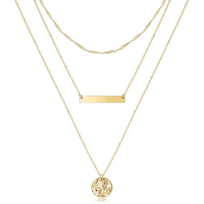 Aisansty Dainty Layered Choker Necklaces Handmade Coin Tube Star Pearl Pendant Multilayer Adjustable Layering Chain Gold Plated Necklaces Set for Women - color: Gold, style: Gold Bar&Disc