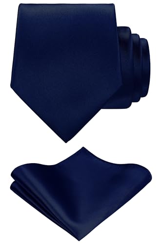 TIE G Solid Satin Woven dyed Color Formal Black Necktie and Pocket Square Sets in Gift Box - color: Dark Navy
