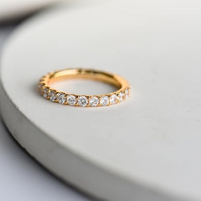 espere Womens Bezel Set Wedding Band | 14K Gold Plated Round Cut CZ Half Eternity Wedding Ring - color: Yellow Gold; Full Eternity Paved