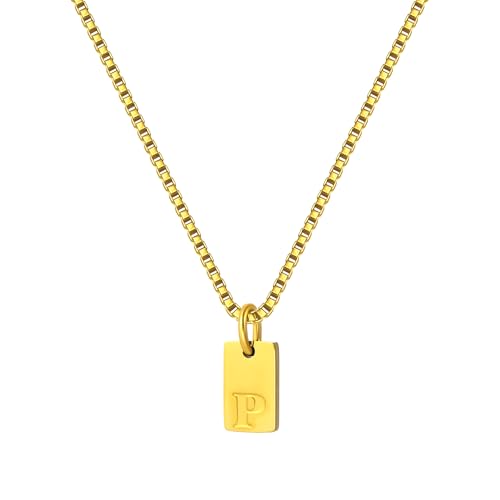 Gold Plated Square Initial Necklace Waterproof A-Z Letter Pendant on Thin Chain - Dainty, Stackable Jewelry for Women - color: Golden-P, size: F