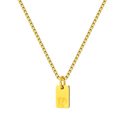 Gold Plated Square Initial Necklace Waterproof A-Z Letter Pendant on Thin Chain - Dainty, Stackable Jewelry for Women - color: Golden-P, size: F