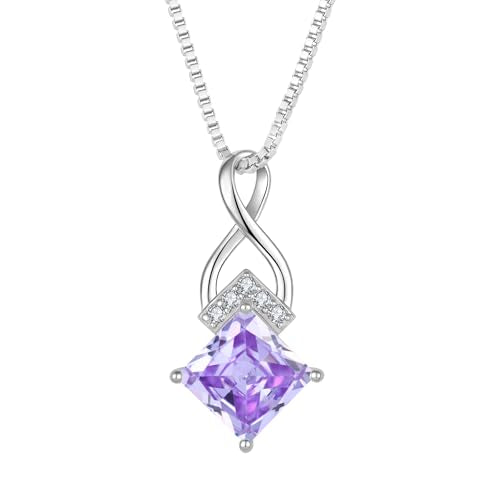 Infinity Necklace 925 Sterling Silver Princess Cut Pendant Birthstone Jewelry for Women - color: Light Lavender
